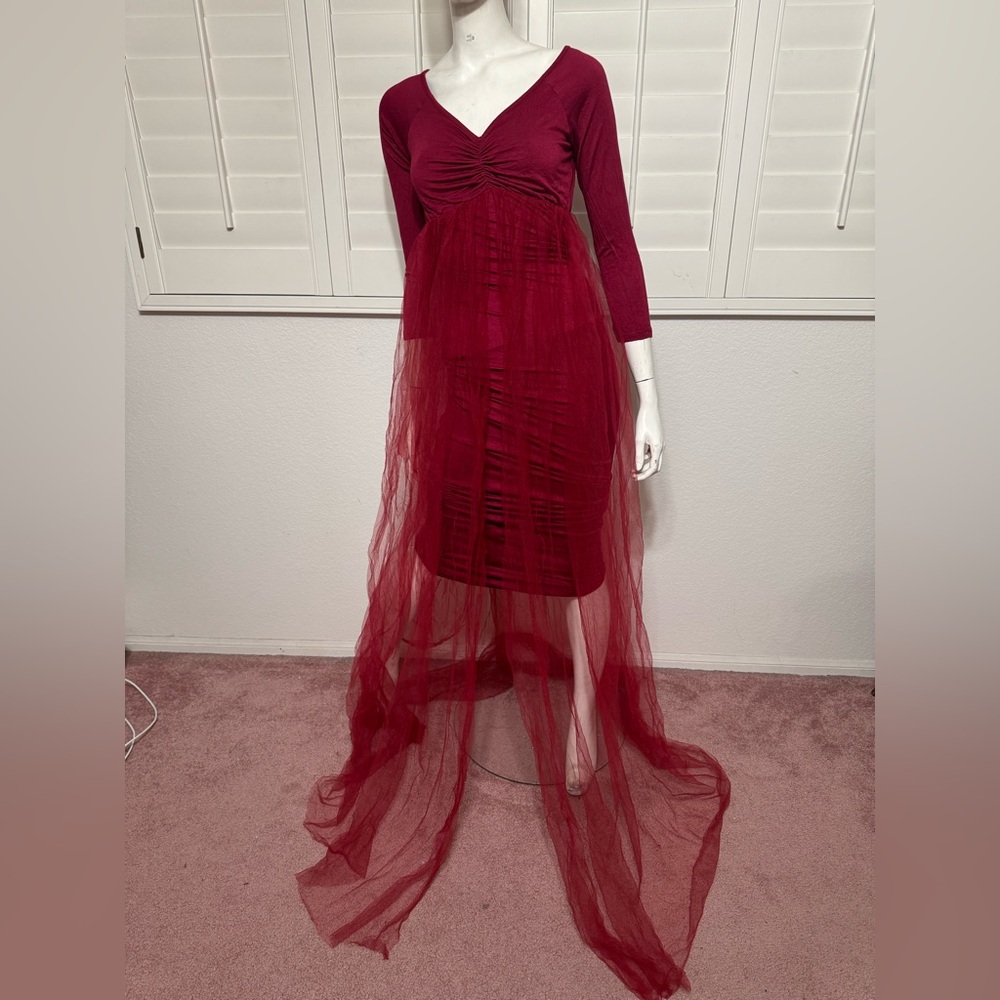 New Medium long sleeves red tulle stretchy dress gown photo